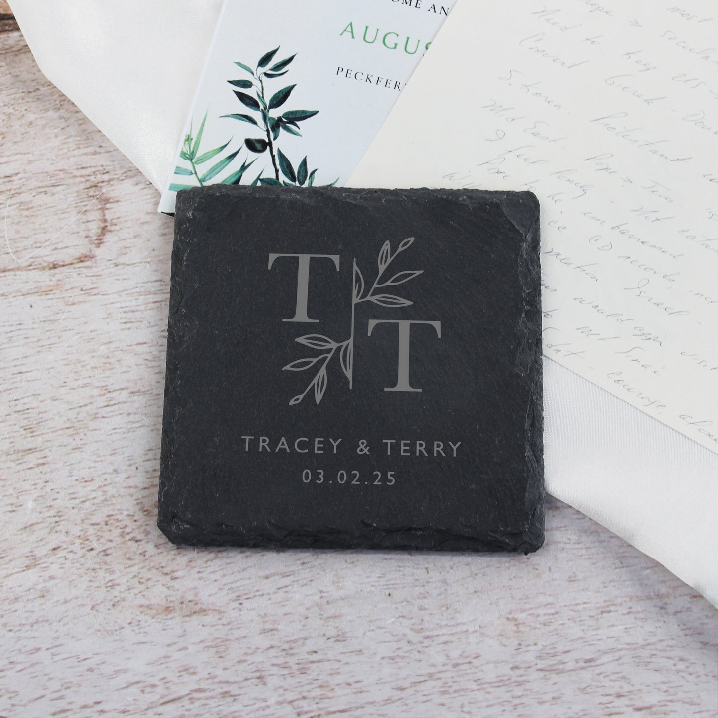 Personalised Floral Couples Square Slate Coaster