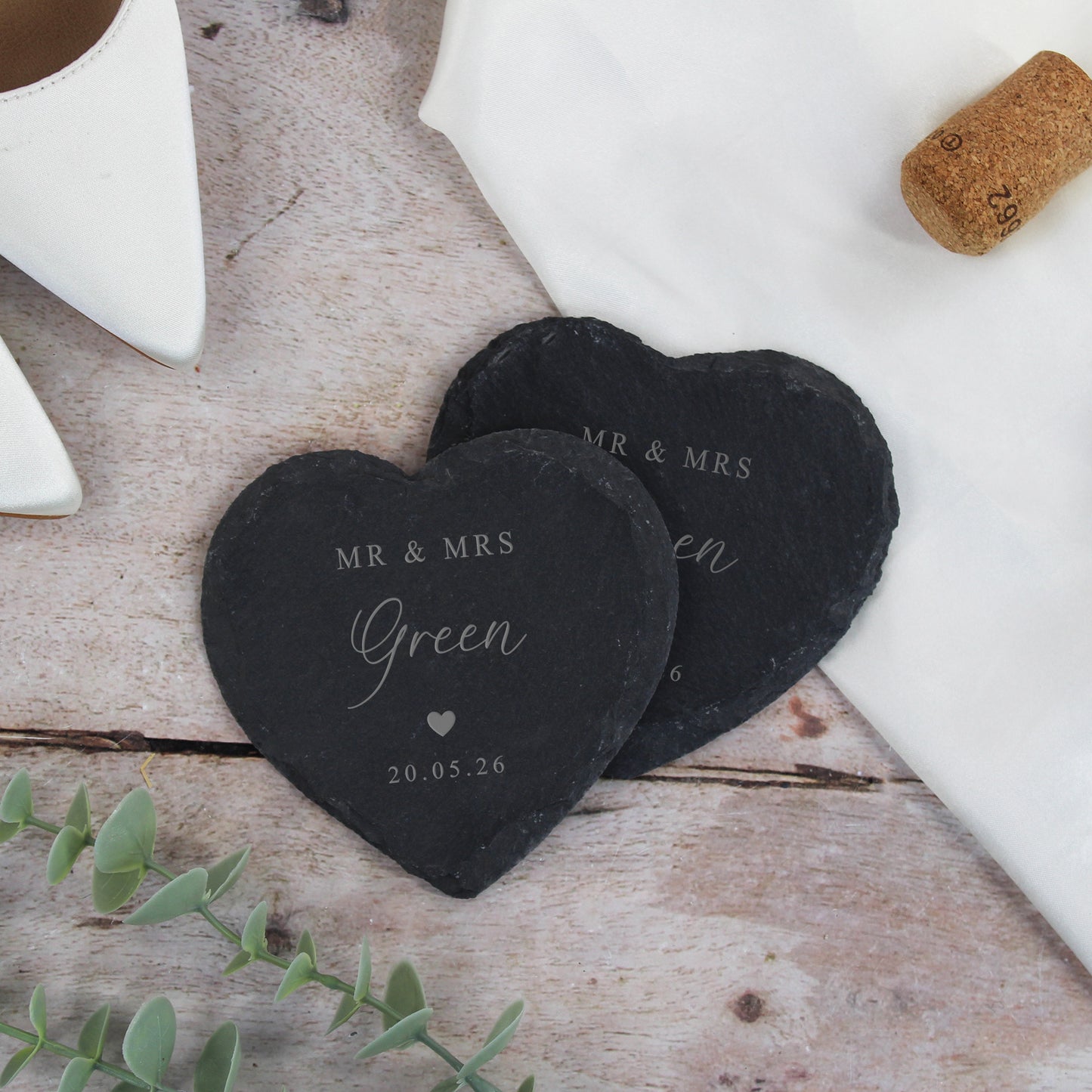 Personalised Mr & Mrs Heart Slate Coaster