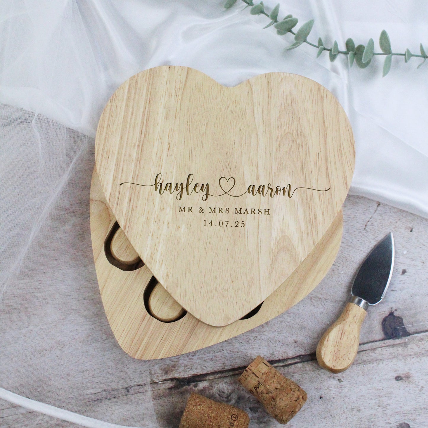 Personalised Mr & Mrs Heart Shaped Cheeseboard with Tools