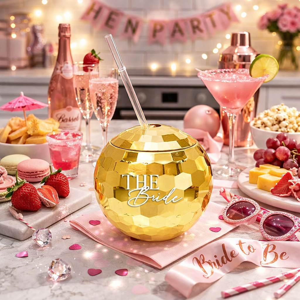Gold disco ball with 'The Bride' text on a table with pink decorations and drinks, set up for a hen party.