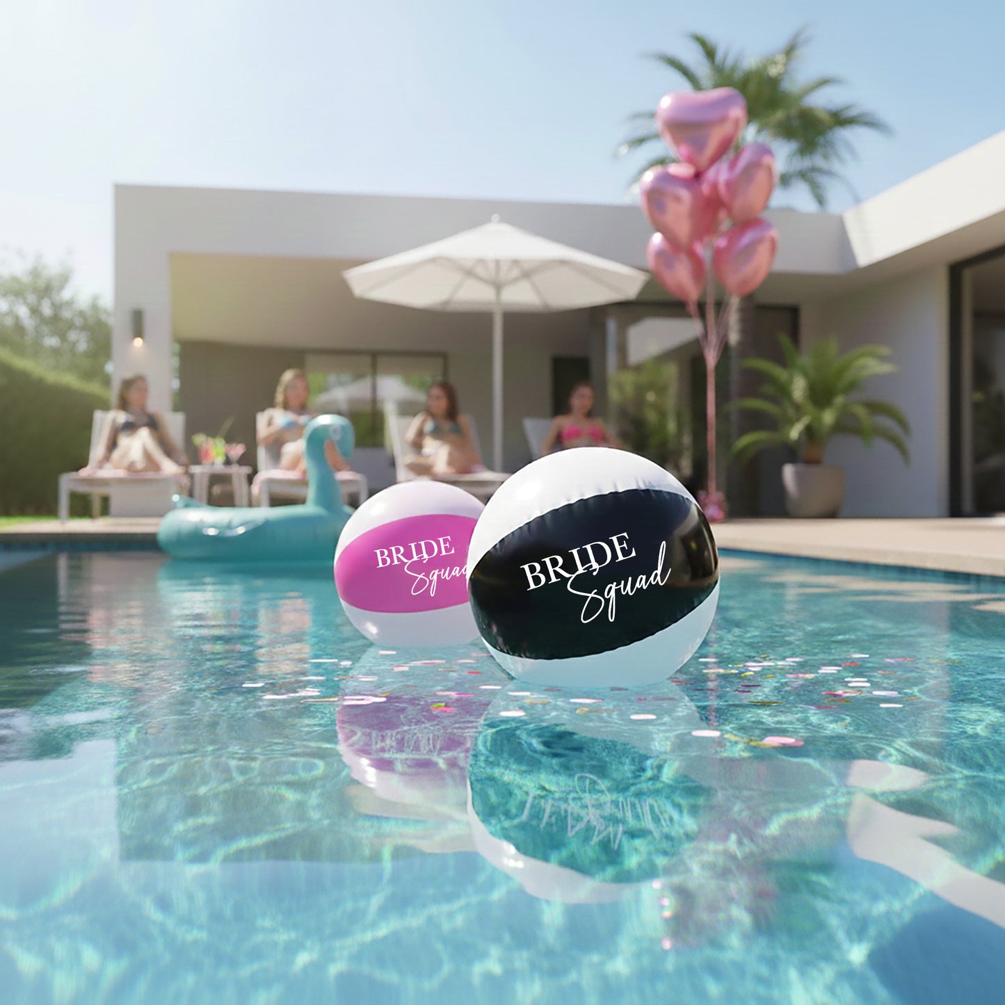 Two beach balls with 'Bride Squad' text in a pool with people in the background.