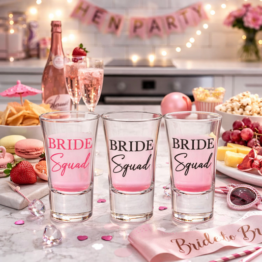 Three shot glasses labeled 'Bride Squad' on a table with a hen party theme.
