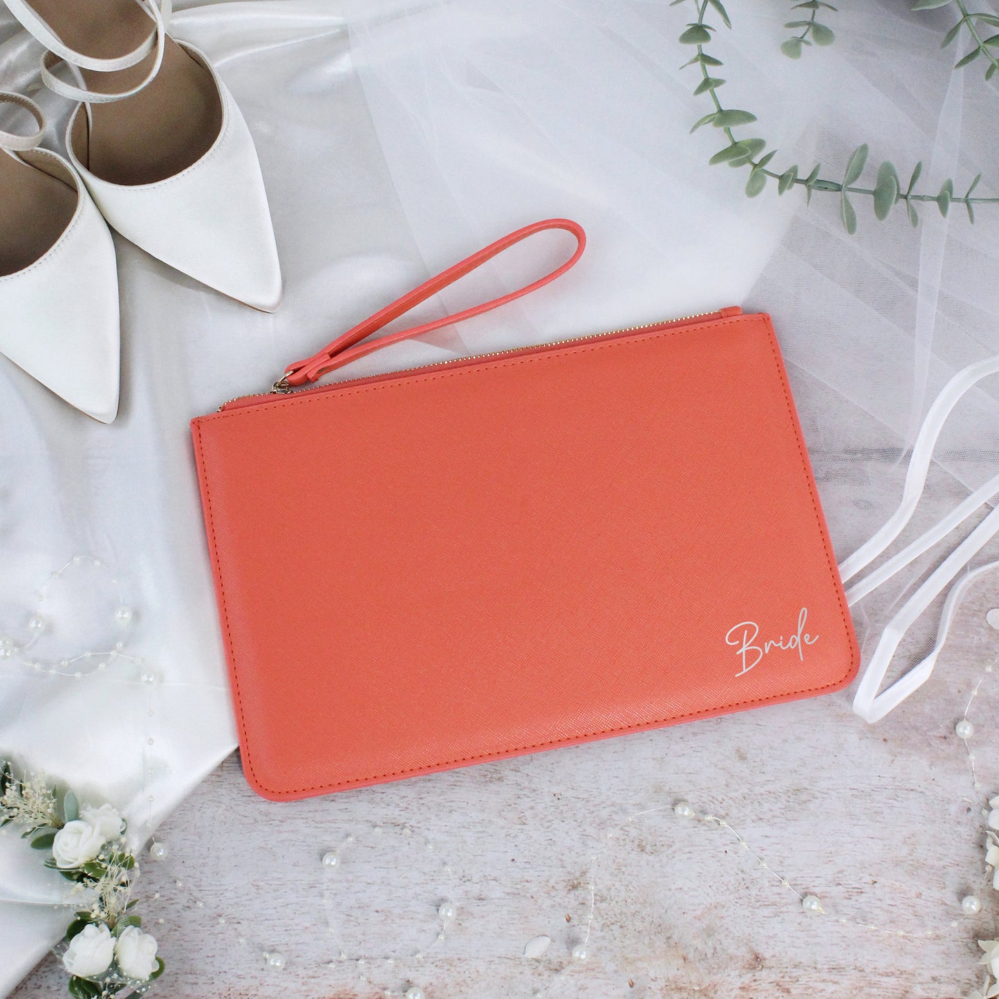 PU Leather Bride Clutch Bag with Wristlet Strap