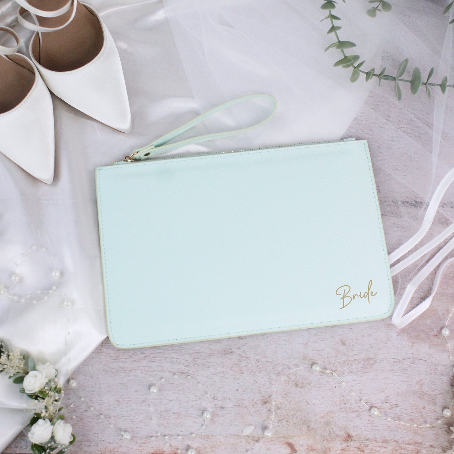 PU Leather Bride Clutch Bag with Wristlet Strap