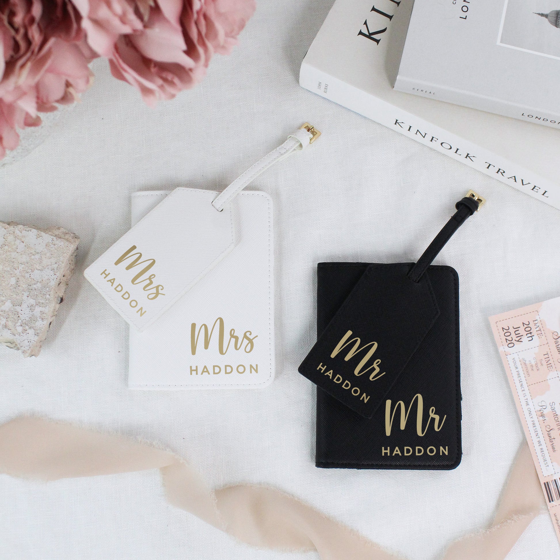 Personalised PU Leather Mr & Mrs Passport Holder & Luggage Tag Set