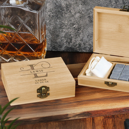 Personalised Groomsman Whiskey Stones in Monogrammed Bamboo Box