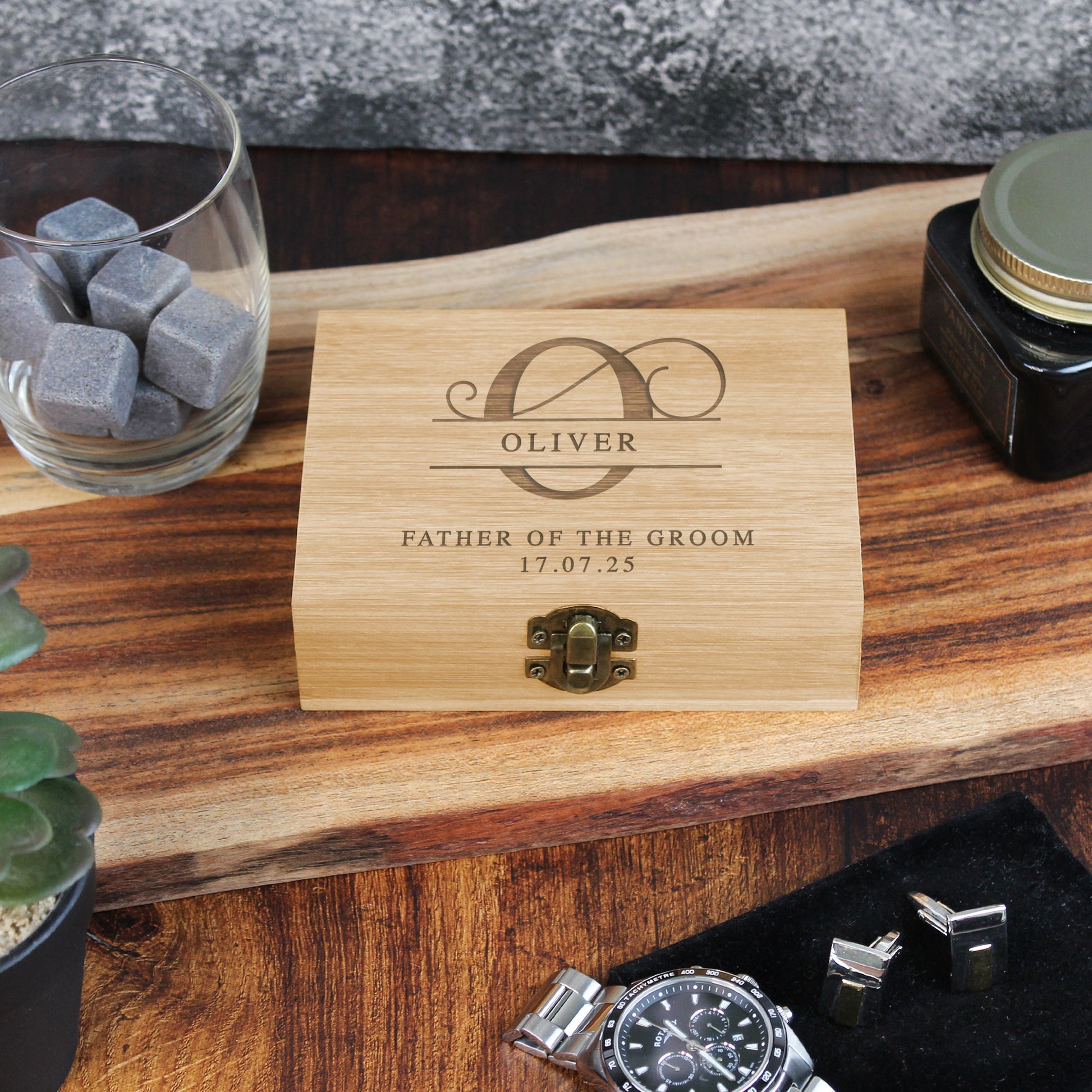 Personalised Groomsman Whiskey Stones in Monogrammed Bamboo Box