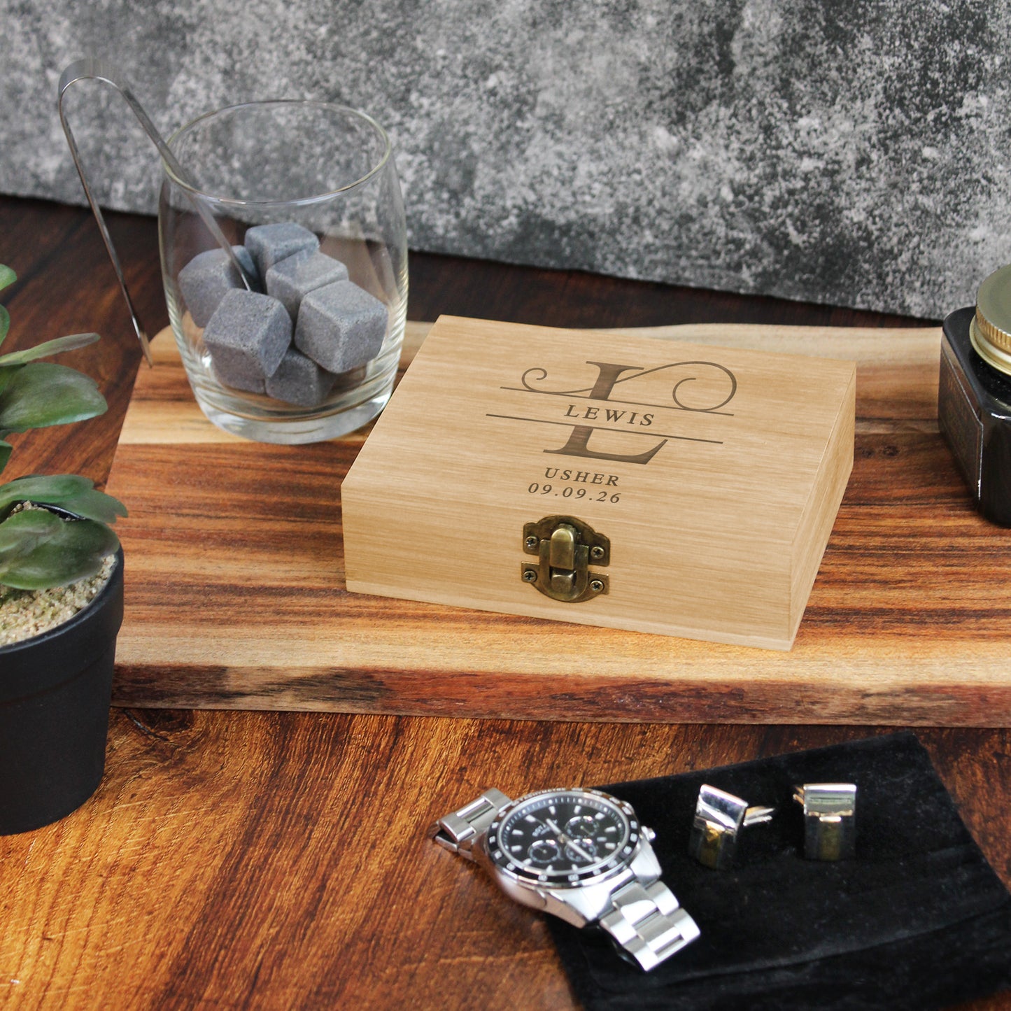 Personalised Groomsman Whiskey Stones in Monogrammed Bamboo Box