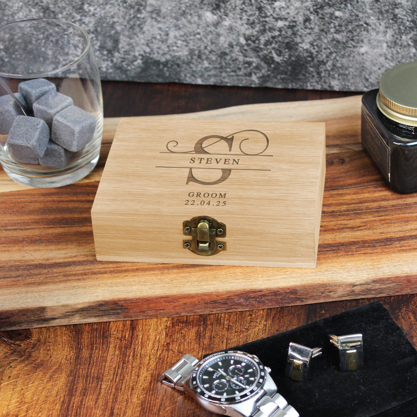 Personalised Groomsman Whiskey Stones in Monogrammed Bamboo Box