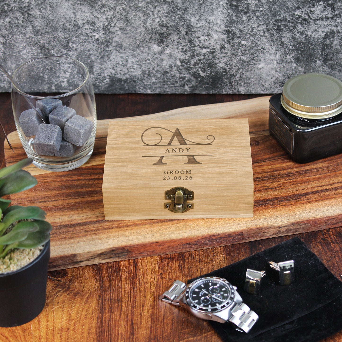 Personalised Groomsman Whiskey Stones in Monogrammed Bamboo Box