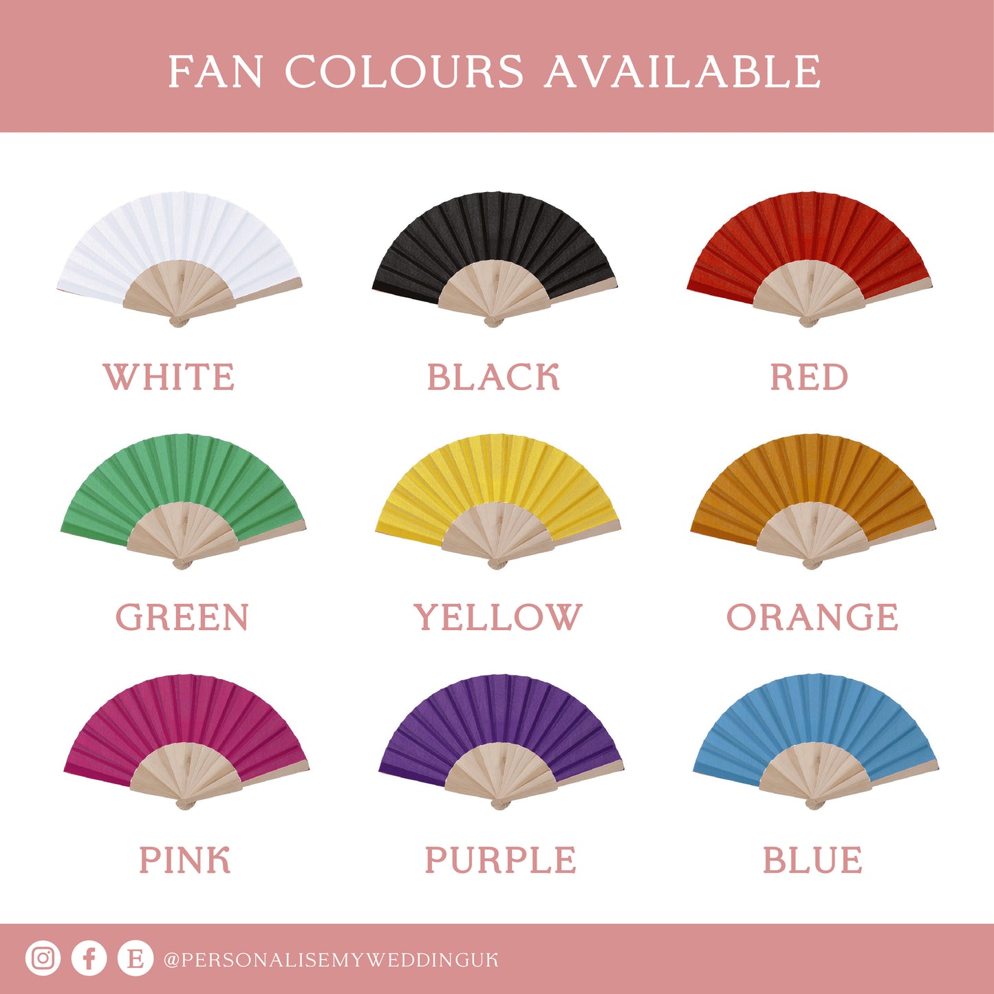 Color options for fans displayed on a pink background with text indicating available colors.