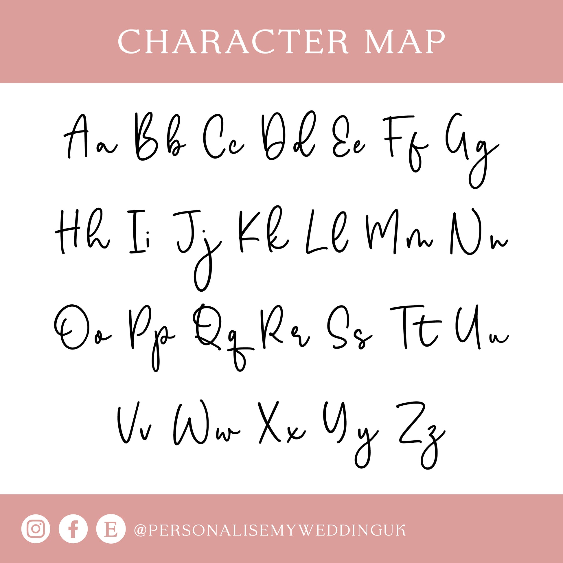 Character map with handwritten-style alphabet letters on a white background with pink top and bottom bars.