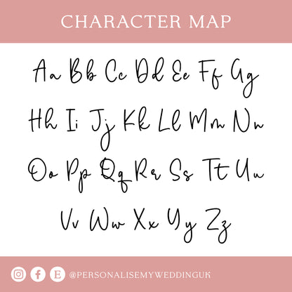 Character map with handwritten-style alphabet letters on a white background with pink top and bottom bars.