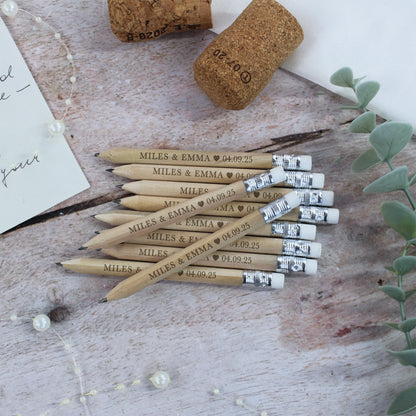 Personalised Miniture Wedding Favour Pencils with Couple Names & Wedding Date