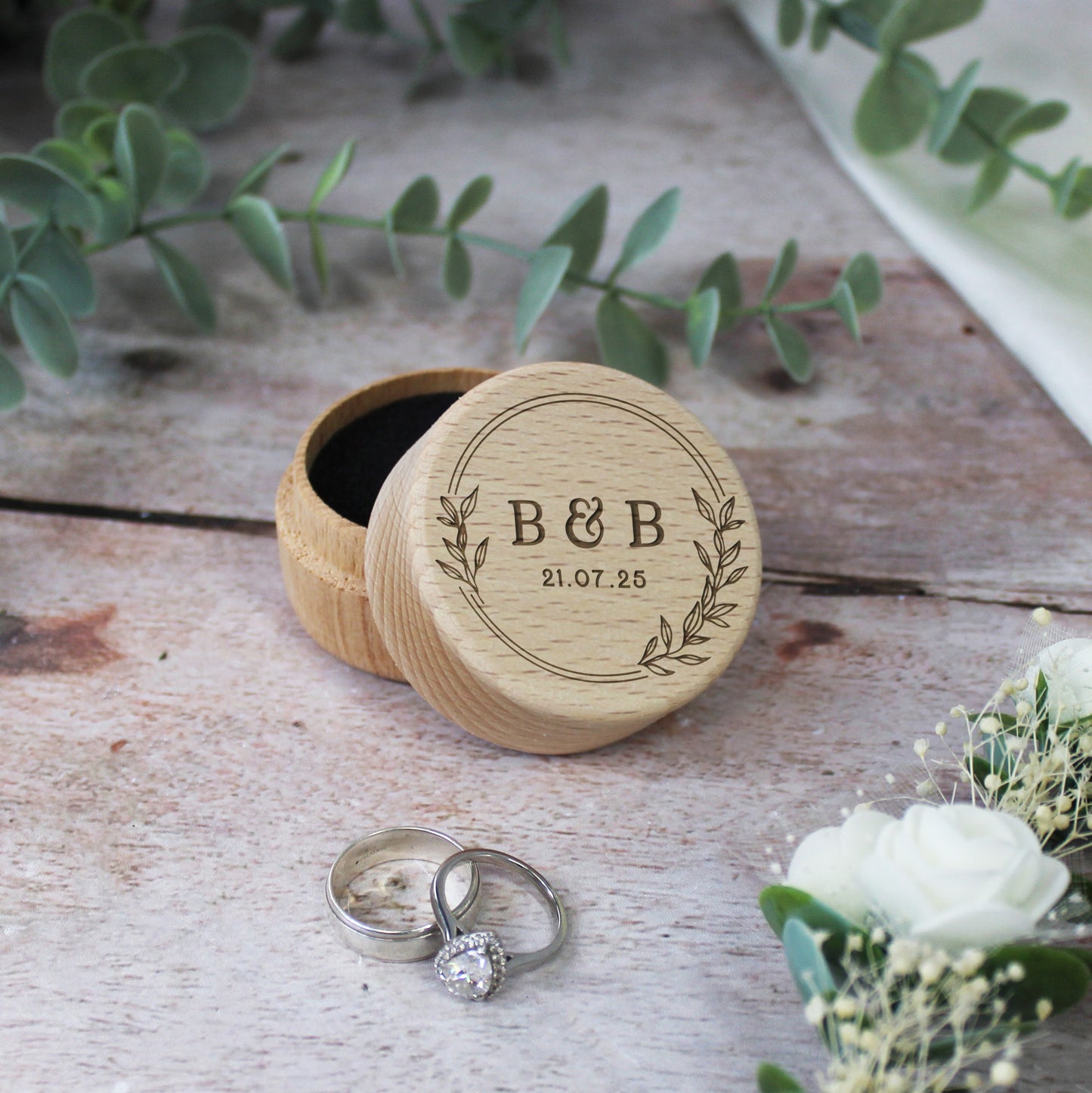 Personalised Wooden Floral Ring Box with Initials & Date