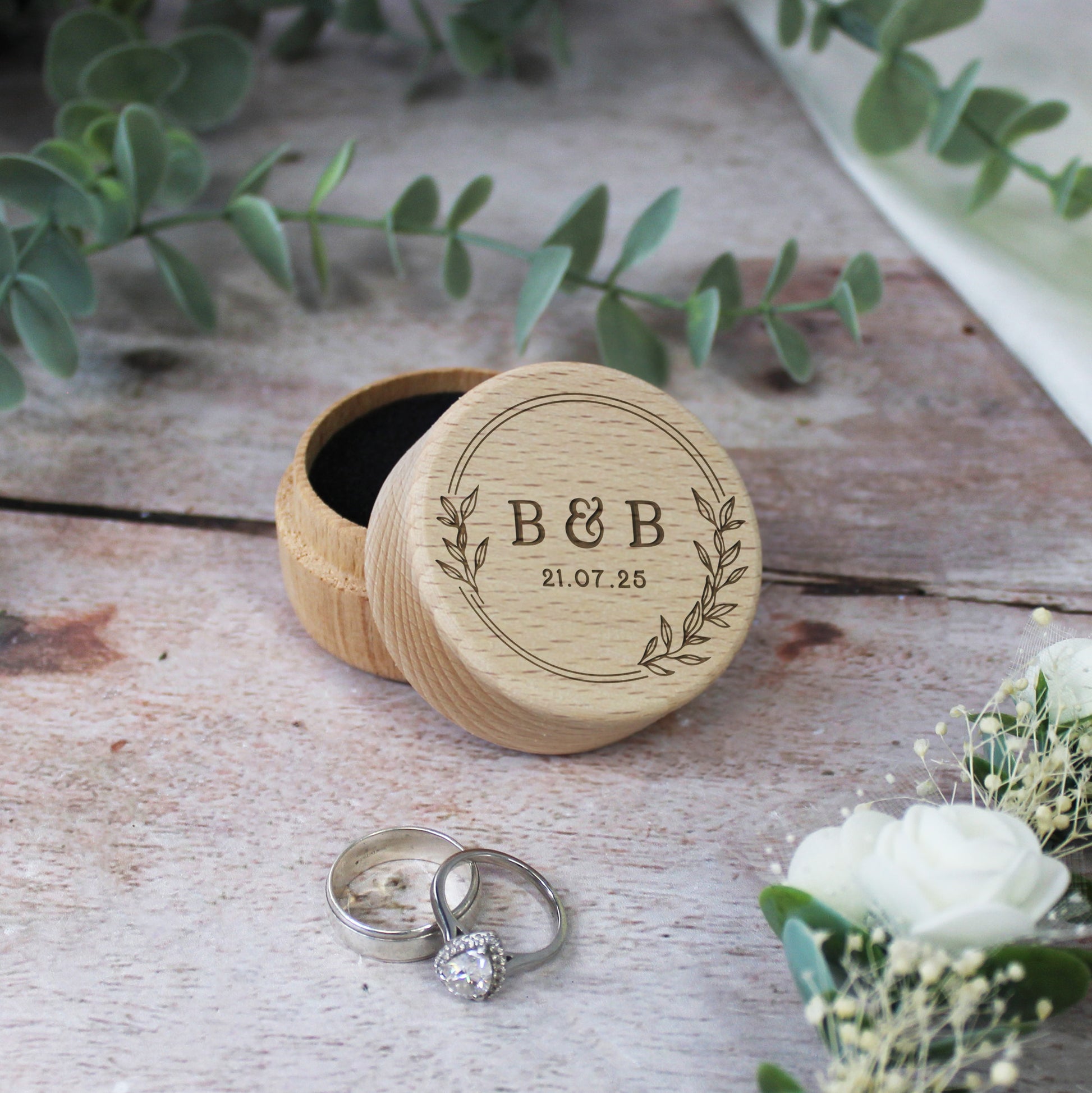 Personalised Wooden Floral Ring Box with Initials & Date