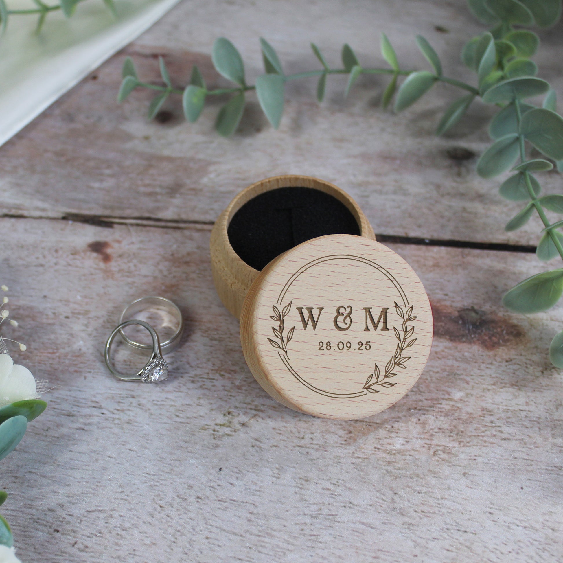 Personalised Wooden Floral Ring Box with Initials & Date
