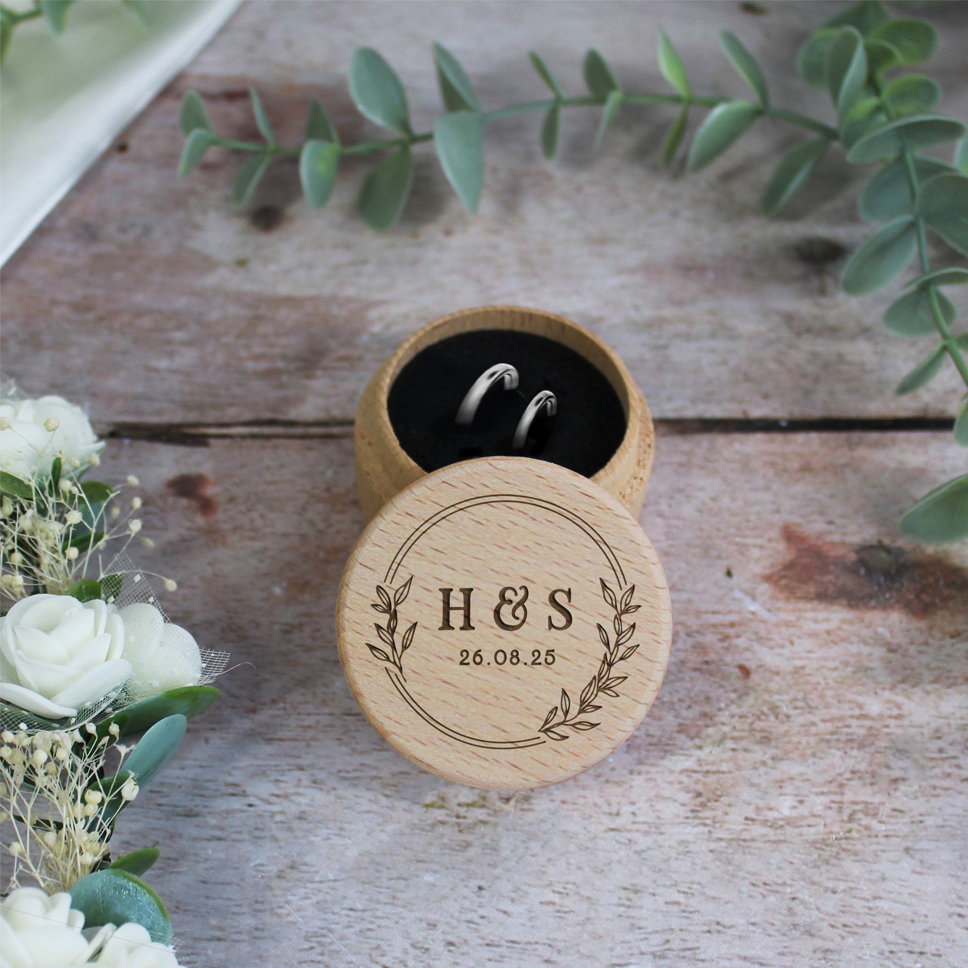 Personalised Wooden Floral Ring Box with Initials & Date