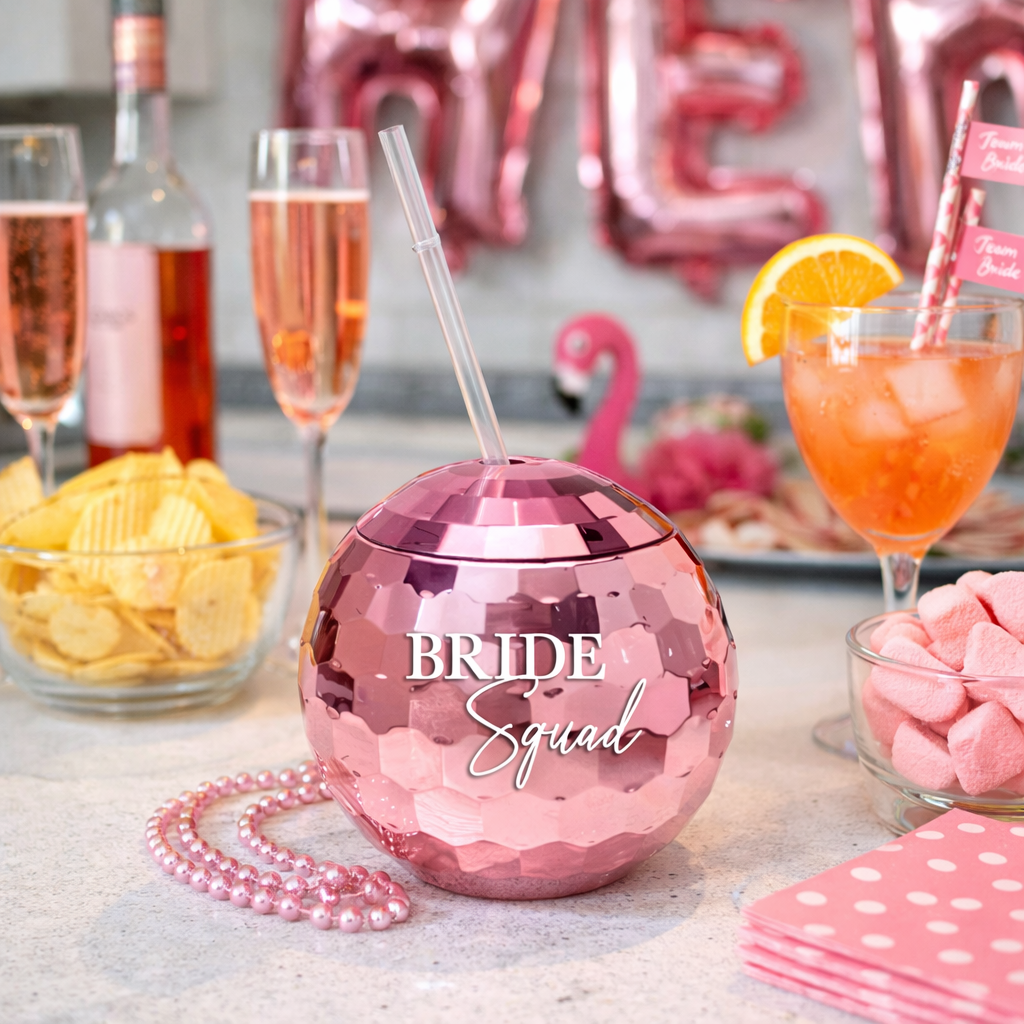 Pink 'Bride Squad' cup with drinks and snacks on a table, decorated for a party.