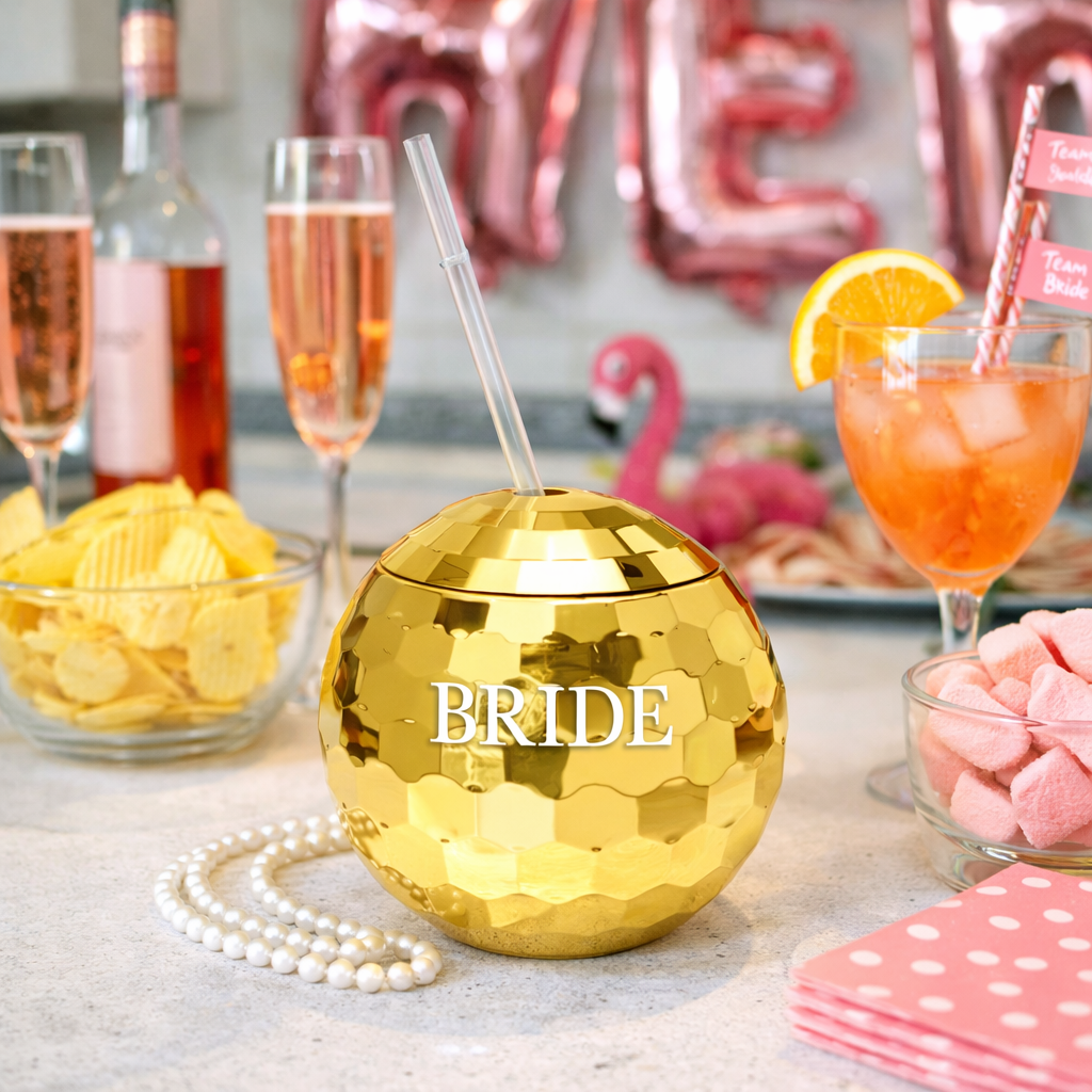 Gold 'BRIDE' cup with a straw on a table with snacks and drinks, balloons in the background.