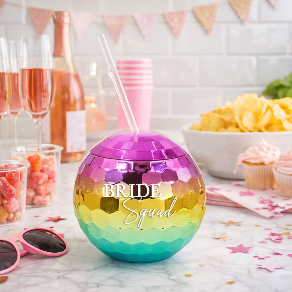 Multicolored disco ball tumbler with 'Bride Squad' text on a festive table with snacks and drinks.