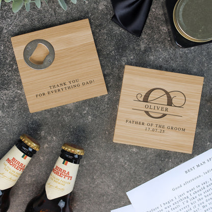Personalized wooden coasters with engraved text on a concrete surface with bottles and stationery.