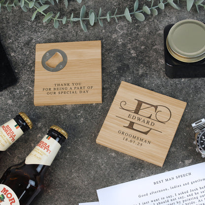 Wooden coasters with engraved text on a concrete surface with bottles and a watch.