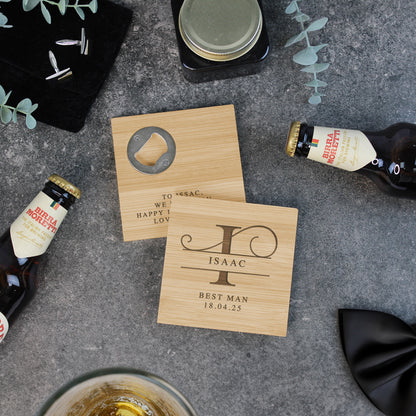 Personalized wooden coasters with engraved names and dates on a gray surface with bottles and a bow tie.