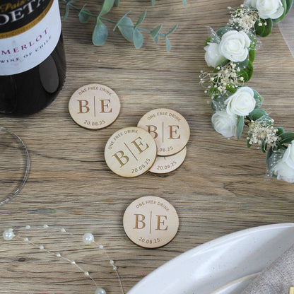 Personalised Simple 'One Free Drink' Wooden Drinks Tokens