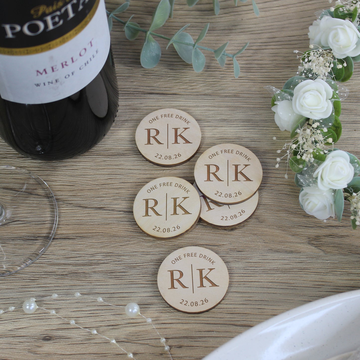 Personalised Simple 'One Free Drink' Wooden Drinks Tokens