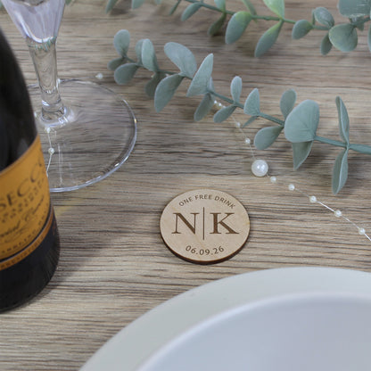 Personalised Simple 'One Free Drink' Wooden Drinks Tokens