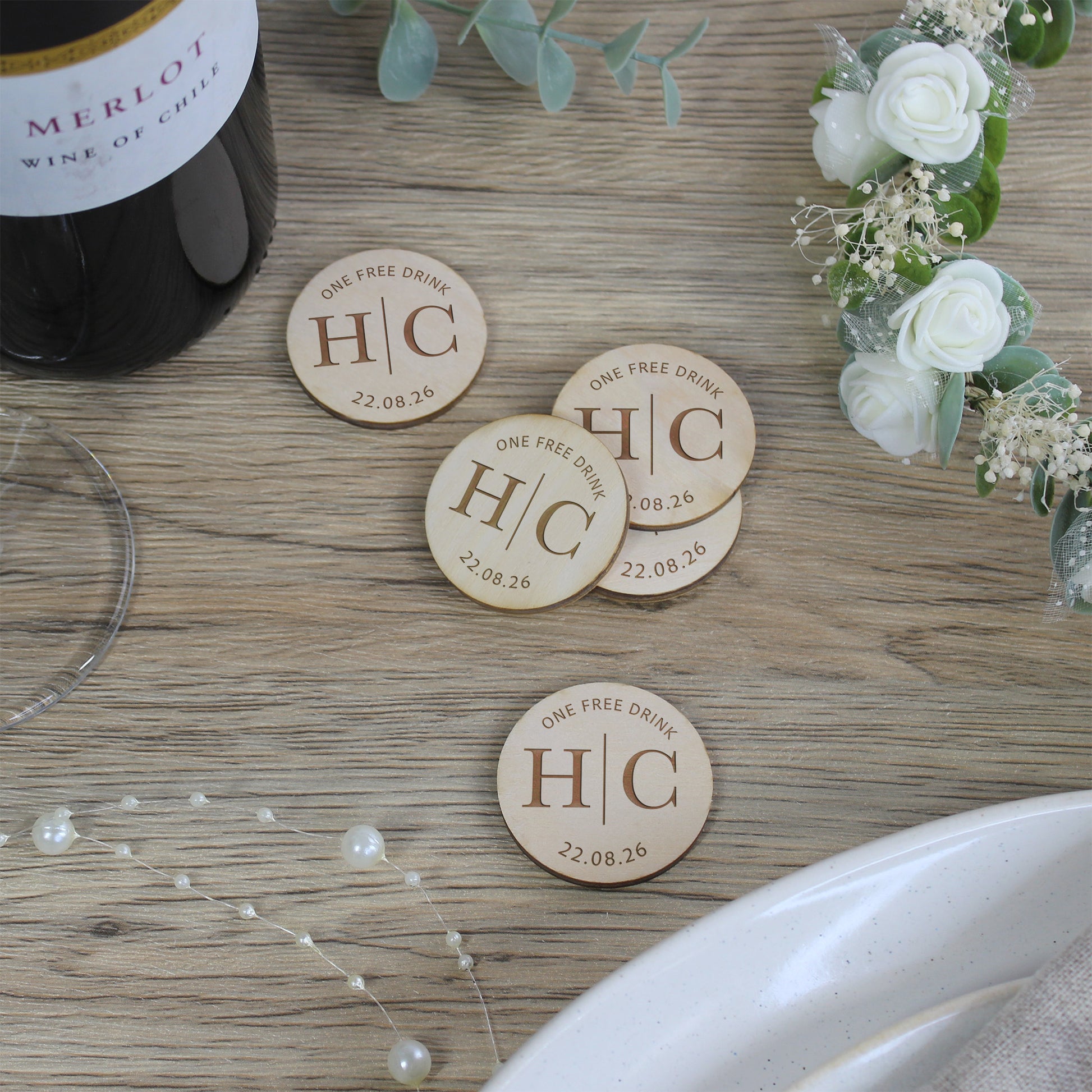 Personalised Simple 'One Free Drink' Wooden Drinks Tokens