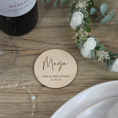 Personalised Wooden Table Place Names with Guest Name, Couples Names & Wedding Date