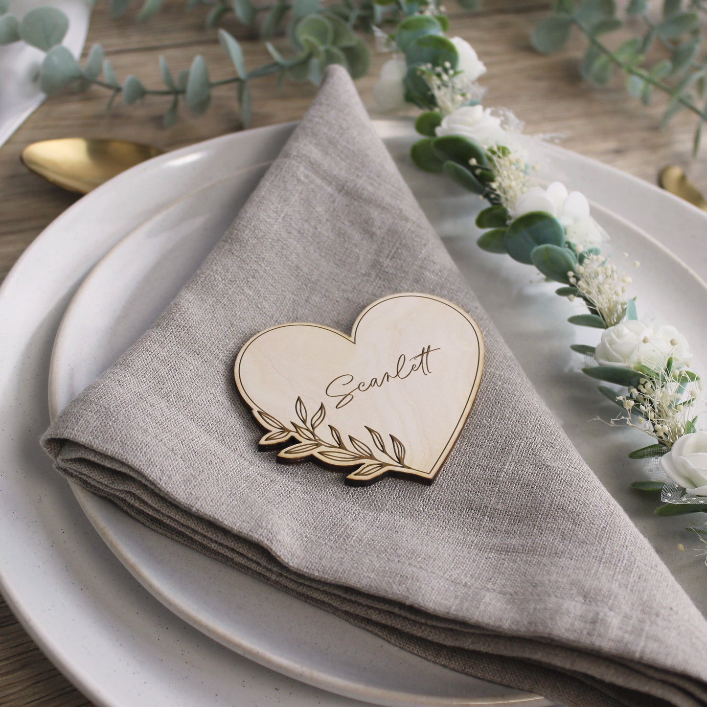 Personalised Floral Wooden Heart Shaped Table Place Names