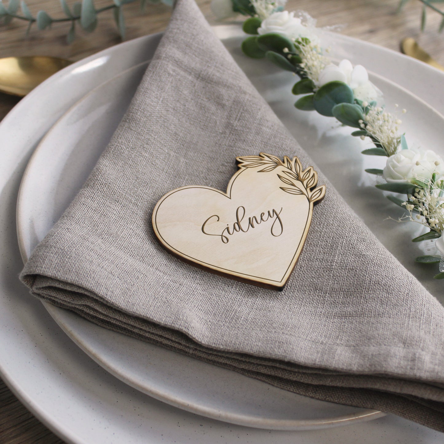 Personalised Floral Wooden Heart Table Place Names