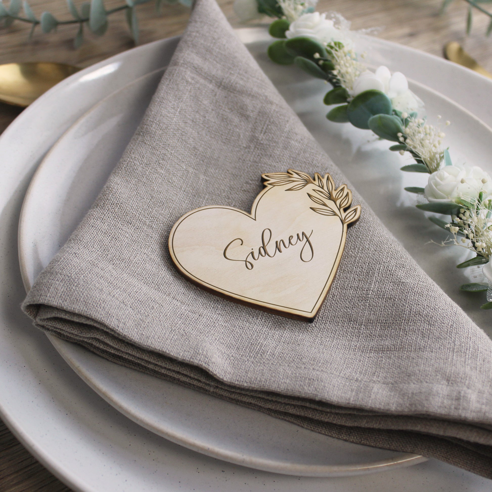 Personalised Floral Wooden Heart Table Place Names