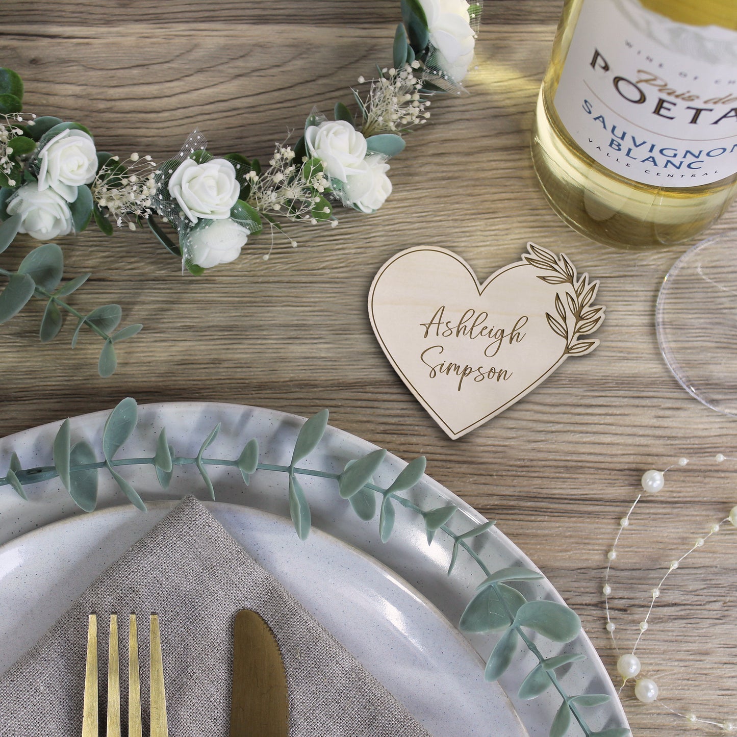 Personalised Floral Wooden Heart Table Place Names