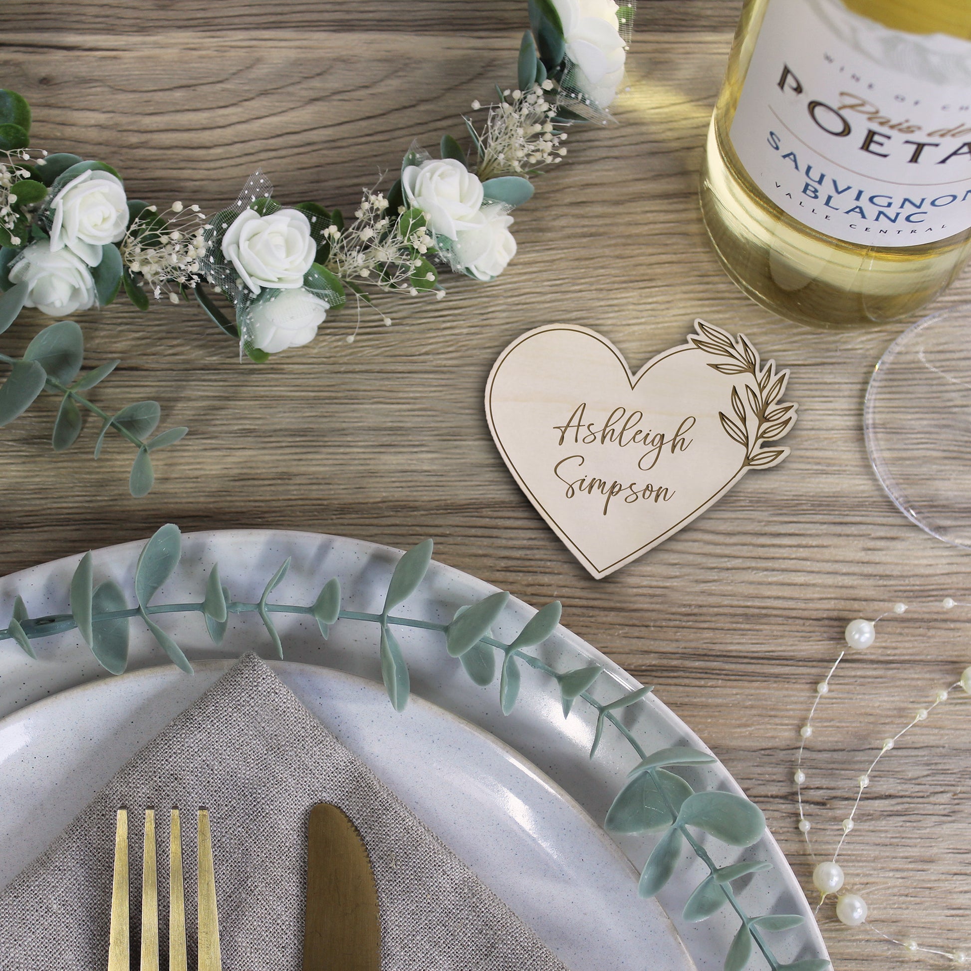Personalised Floral Wooden Heart Table Place Names