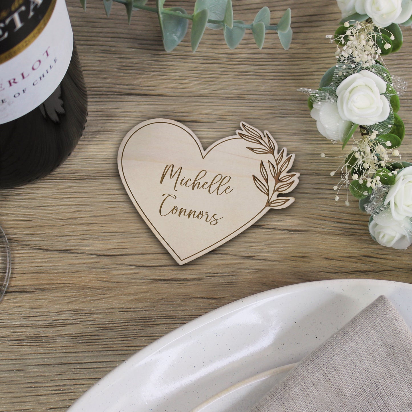 Personalised Floral Wooden Heart Table Place Names