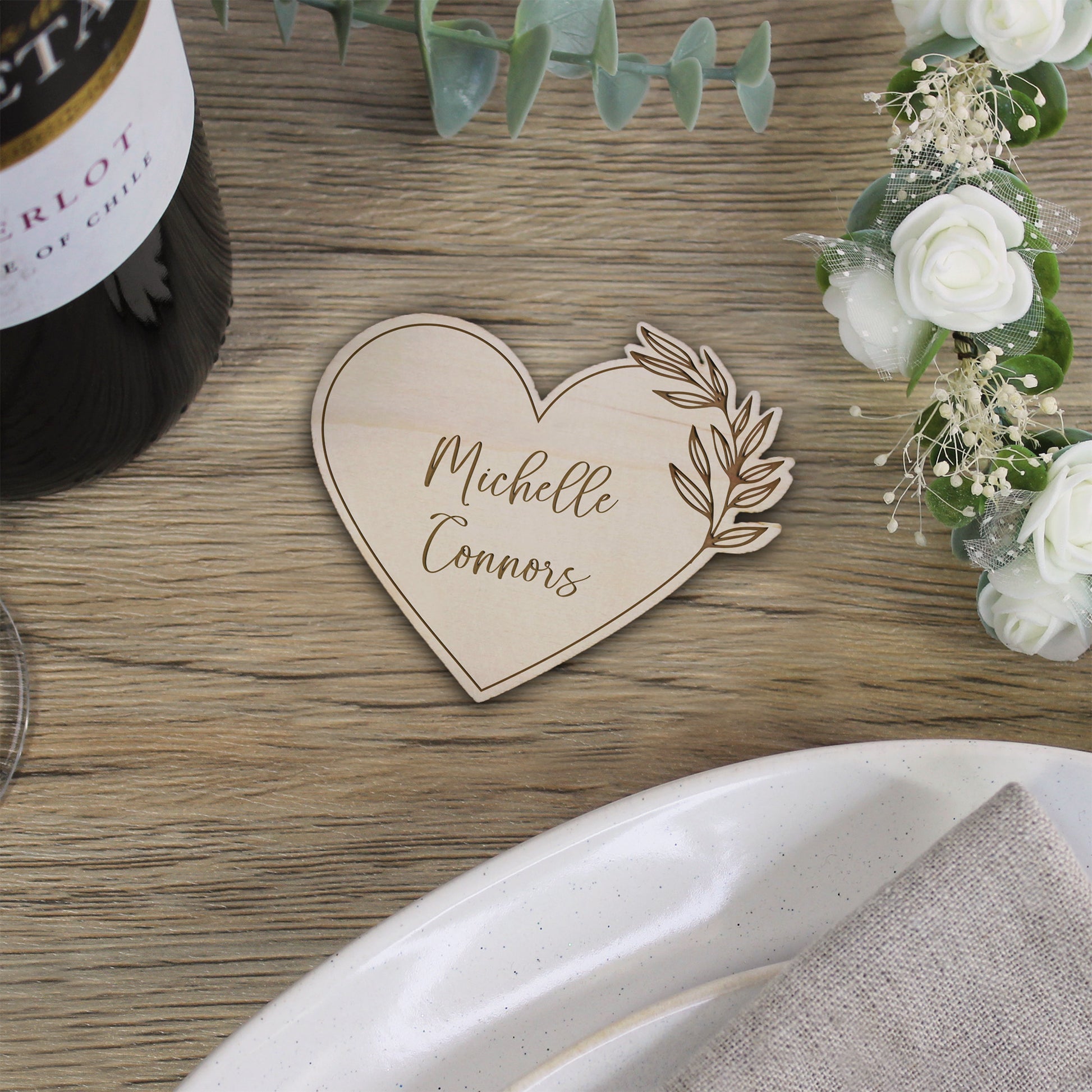 Personalised Floral Wooden Heart Table Place Names