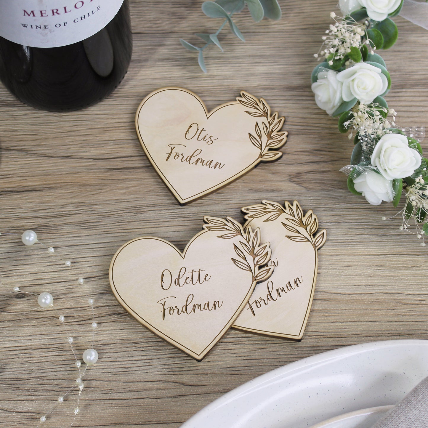 Personalised Floral Wooden Heart Table Place Names