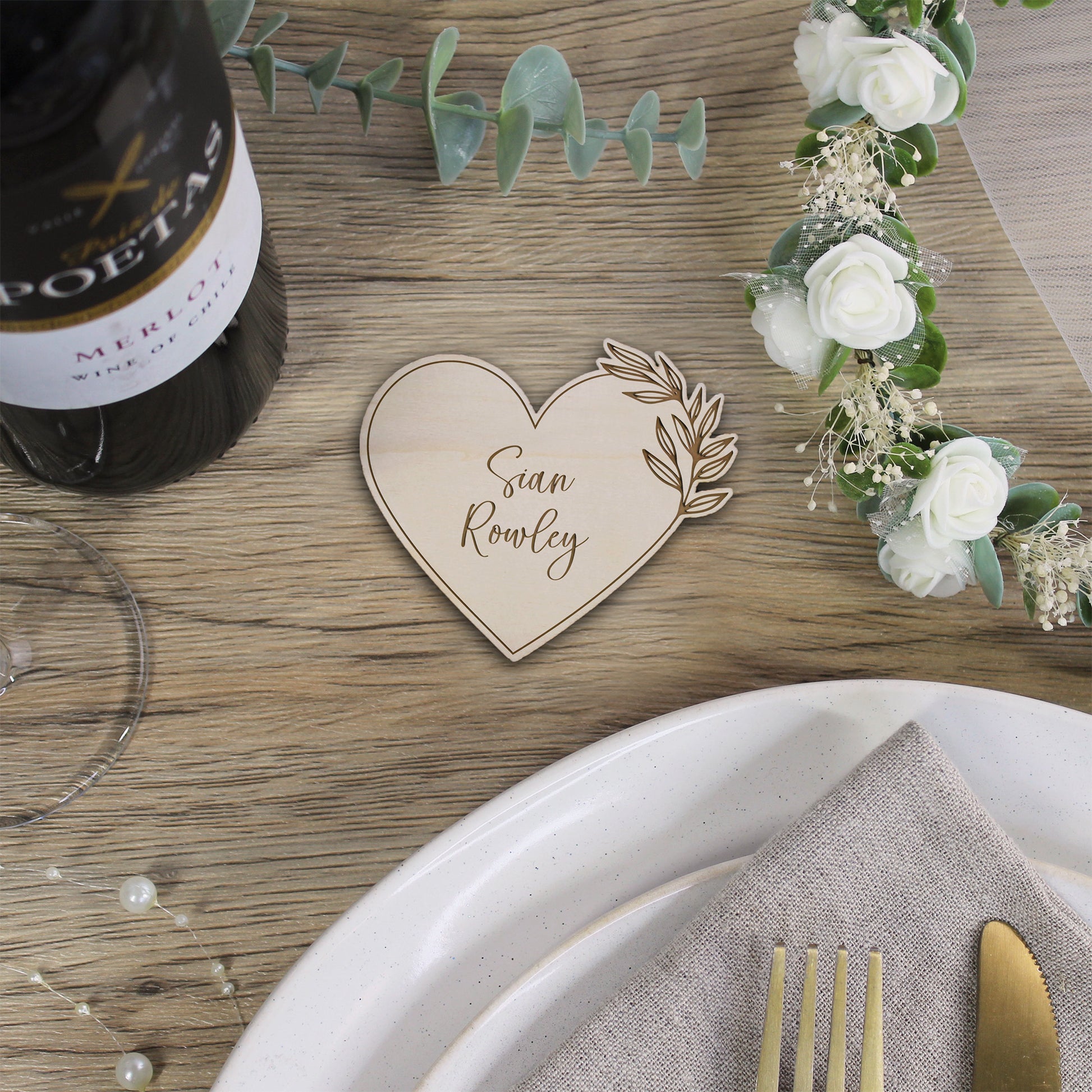 Personalised Floral Wooden Heart Table Place Names
