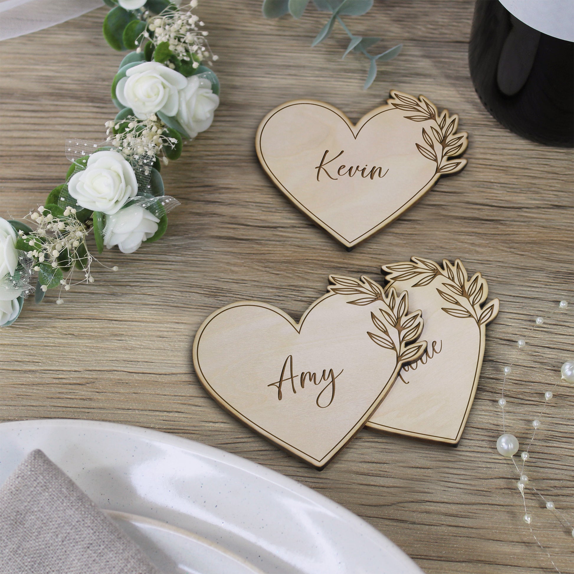 Personalised Floral Wooden Heart Table Place Names