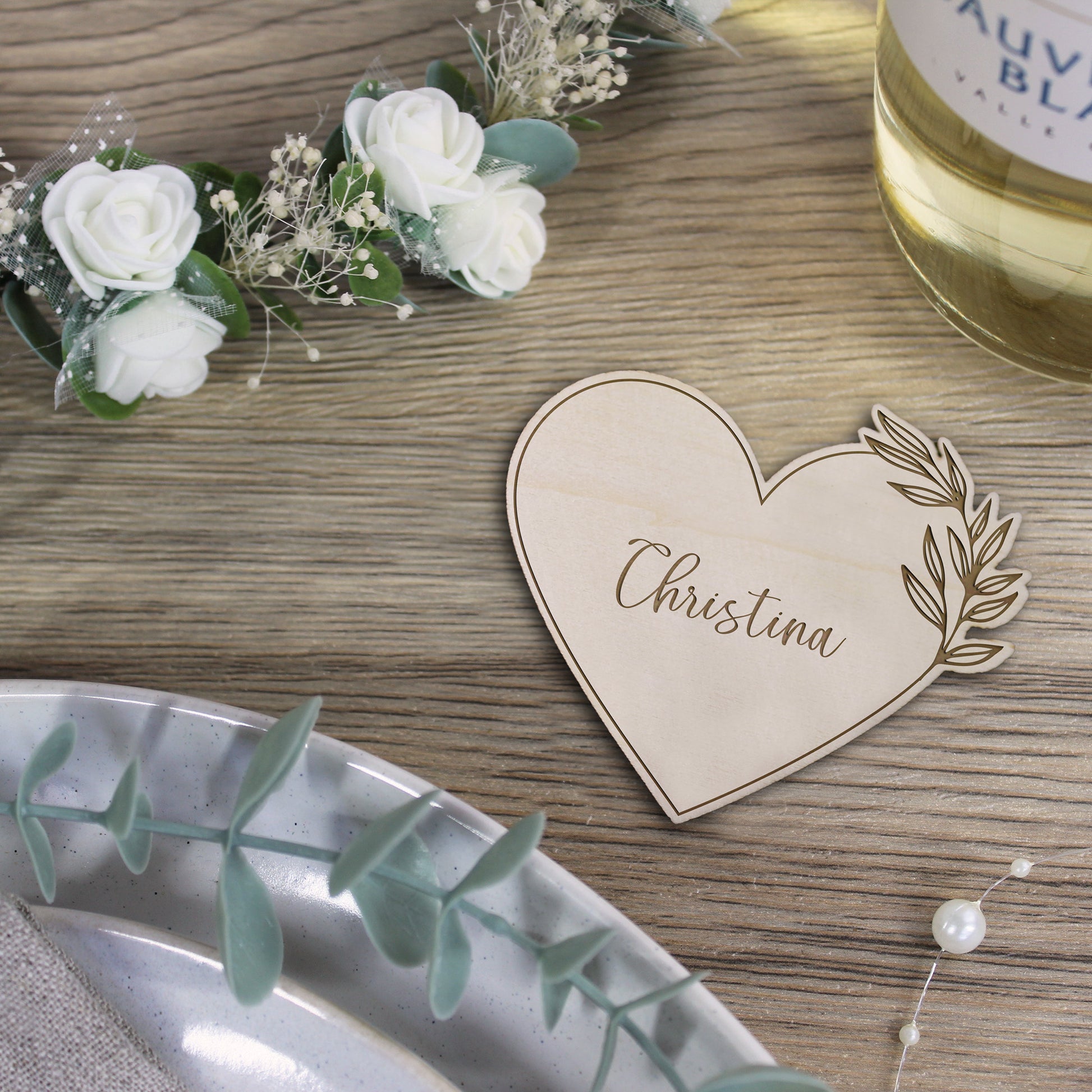 Personalised Floral Wooden Heart Table Place Names