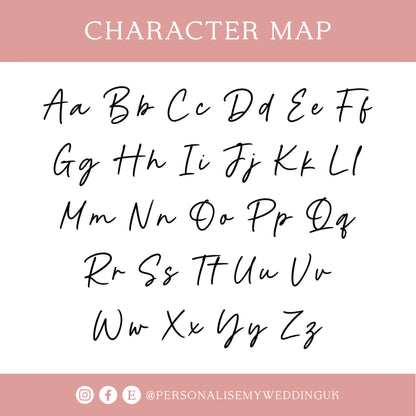 A digital graphic titled 'CHARACTER MAP' showing the lowercase alphabet in black cursive handwriting across three rows on a white background, with a dusty pink header and footer. Social media icons and the handle '@PERSONALISEMYWEDDINGUK' appear at the bottom.
