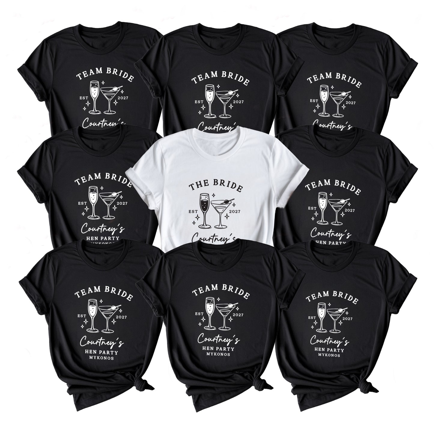 Nine black short-sleeve graphic T-shirts arranged in a 3x3 grid, with one white shirt centered. The shirts feature white printed graphics of cocktail glasses and text including 'TEAM BRIDE', 'The Bride', and 'Courtney's New Party Everything'.