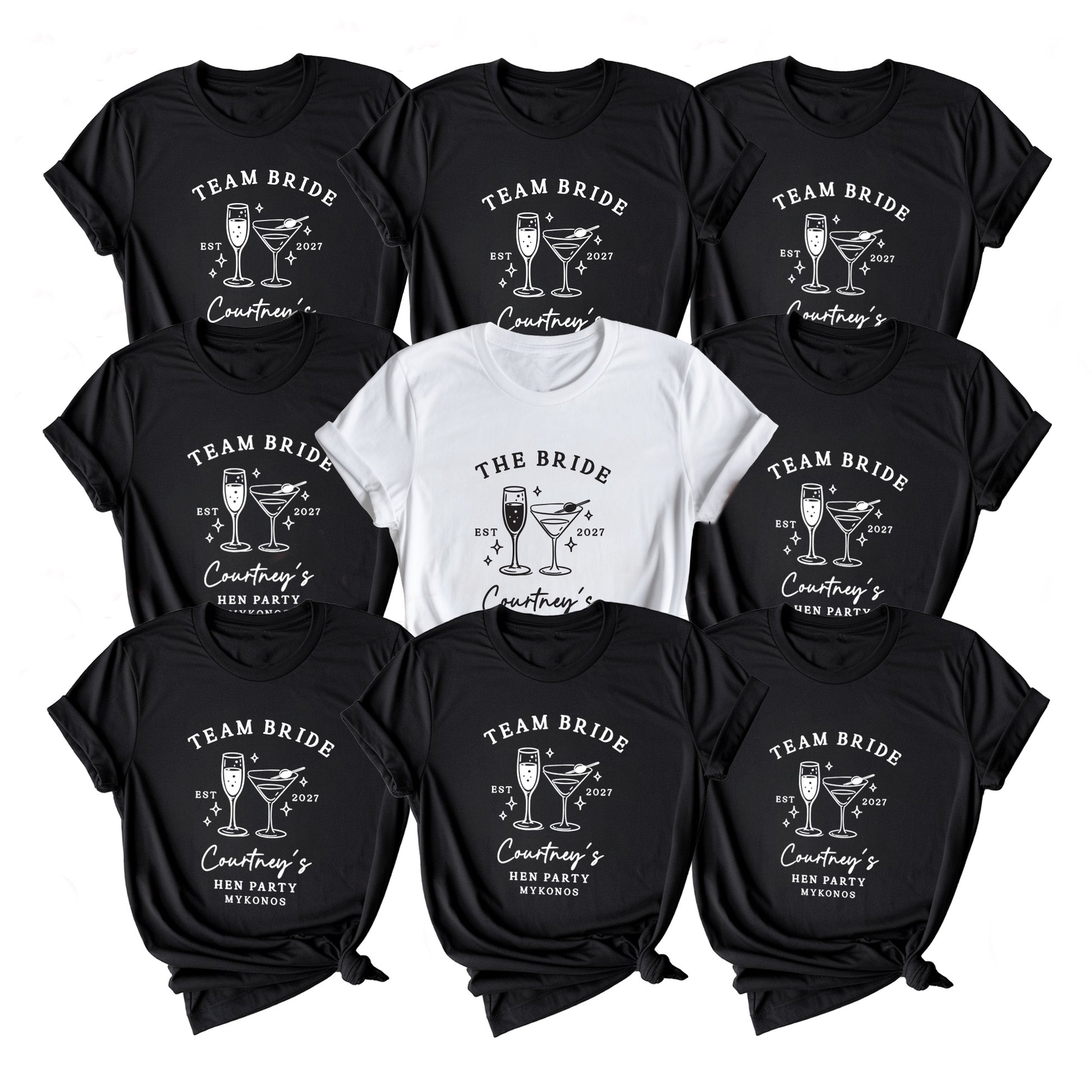Nine black short-sleeve graphic T-shirts arranged in a 3x3 grid, with one white shirt centered. The shirts feature white printed graphics of cocktail glasses and text including 'TEAM BRIDE', 'The Bride', and 'Courtney's New Party Everything'.