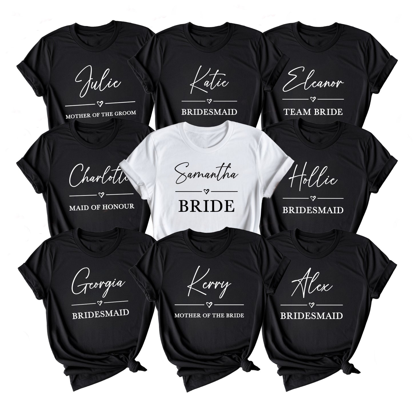Collection of black and white t-shirts with names and roles for a wedding party on a white background.