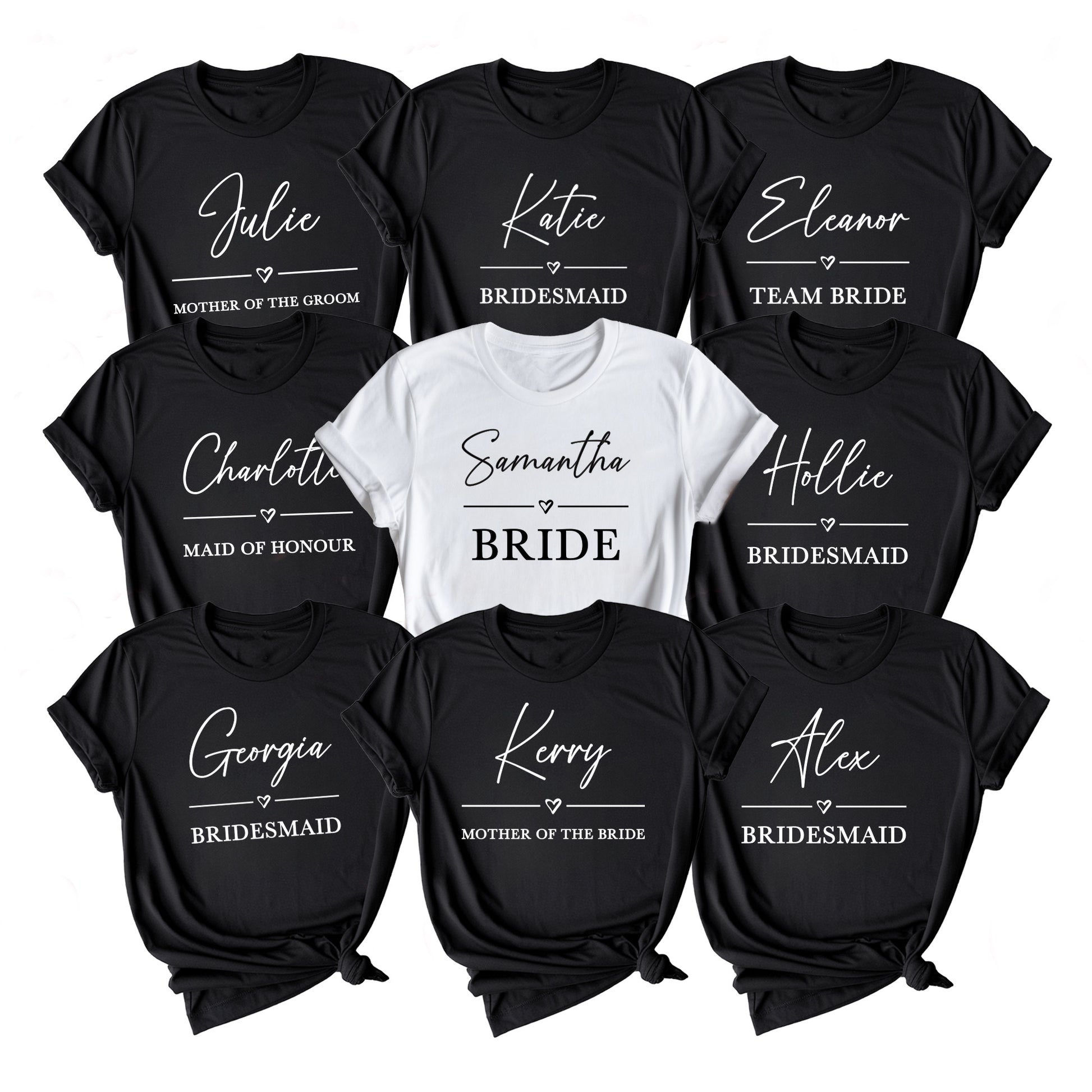 Collection of black and white t-shirts with names and roles for a wedding party on a white background.