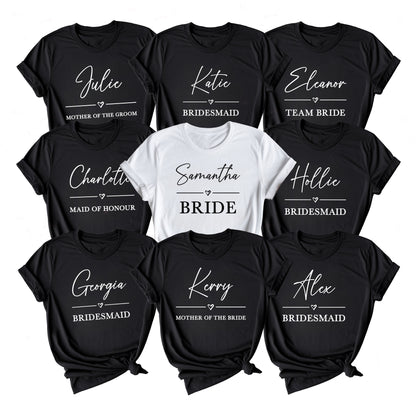 Collection of black and white t-shirts with names and roles for a wedding party on a white background.